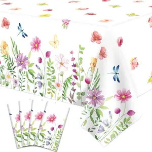 Spring Floral Tablecloth Set 4 Pack Watercolor Design Pink Purple Blue Yellow Red Flowers Butterfly Prints 51x86 Inches Disposable for Flower Wedding Babyshower Birthday Party Decorations