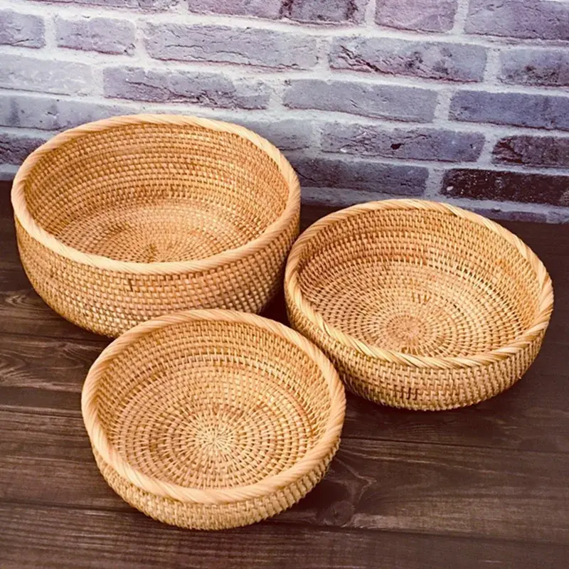 Hand-Woven Rattan Wicker Basket Storage Box Fruit Tea Snack Bread Basket Cosmetic Desktop Storage Box Household Kitchen Supplies NONE