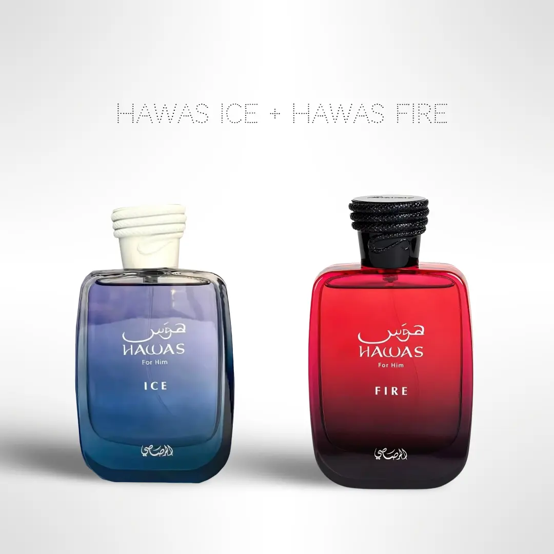 Hawas Ice + Hawas Fire Duo by Rasasi – 2 x 100ml (3.4 Fl Oz) Eau de Parfum for Men Hawas Ice + Hawas Fire Duo by Rasasi – 2 x 100ml (3.4 Fl Oz) Eau de Parfum for Men