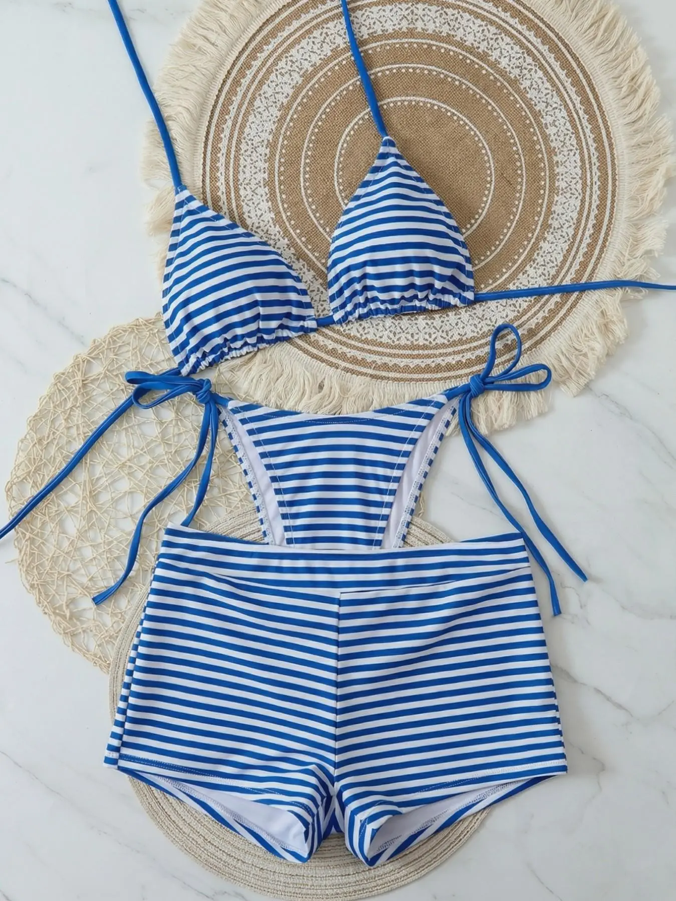 European and American Style Blue and Striped Two-Piece Swimsuit, High-Waisted Bikini Bottoms, Beach Vacation Set, Pool Party, Water Park, Summer Photoshoot, Swimwear Set, Striped Swimsuits