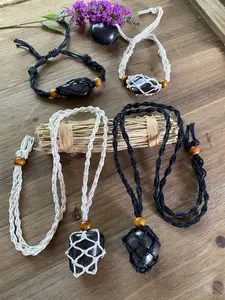 Shungite Macrame Necklace + Bracelet Set Choose Raw Elite Shungite or Polished Shungite Stone