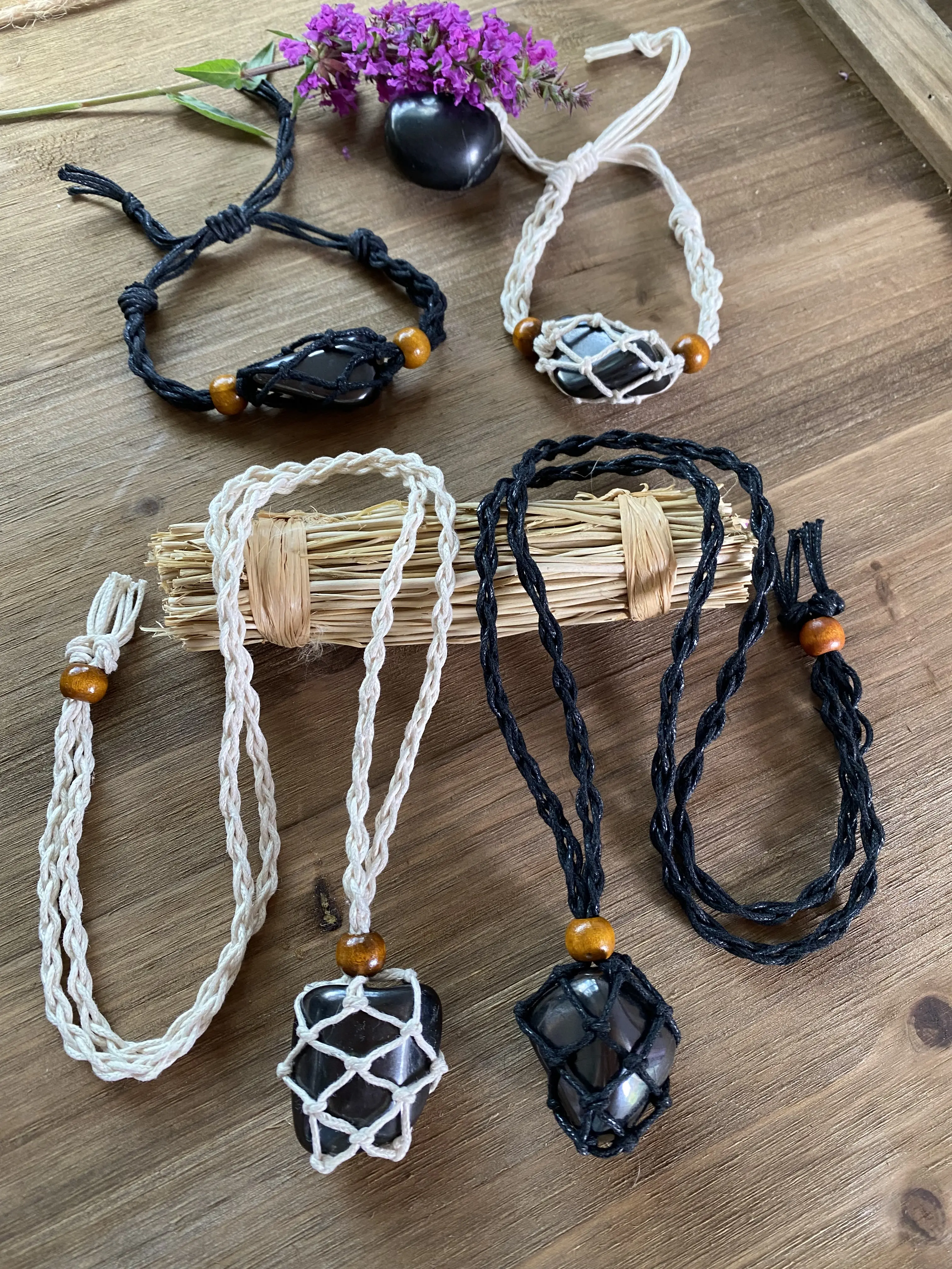 Shungite Macrame Necklace + Bracelet Set Choose Raw Elite Shungite or Polished Shungite Stone