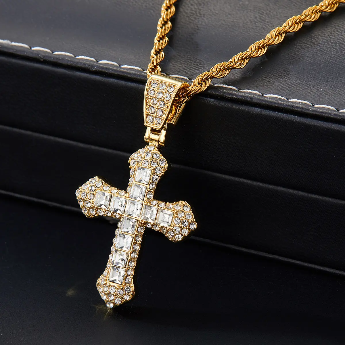 Golden white diamond cross necklace