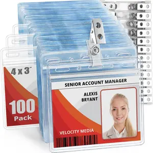 - Horizontal Card Protector with Metal Clip and Vinyl Straps (Clear, 4x3 Inch, 100 Pack),  PVC ID Name Badge Holder with Clip