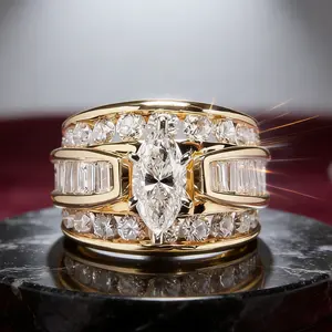 Womens Gold Plated Marquise Cut CZ Statement Ring Multi Layer Round Baguette Stone Band Luxury Wedding Engagement Party Jewelry