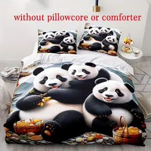 3-Piece Panda Printed Duvet Cover Set - Ultra-Soft, Comfortable, Breathable, and Hypoallergenic Bedroom Bedding with 1 Decorative Duvet Cover and 2 Pillowcases - Perfect for Student Dormitory, Guest Room, and Home Decor
