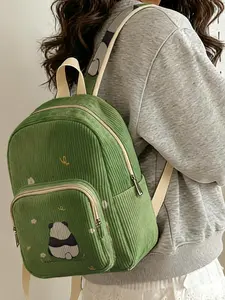 1 piece of 'Lying Panda Pattern' 2D printed ladies' backpack, corduroy texture + layered storage + light weight reduction | Perfect for students to go to class/shopping/short trips | Combines atmosphere with practicality