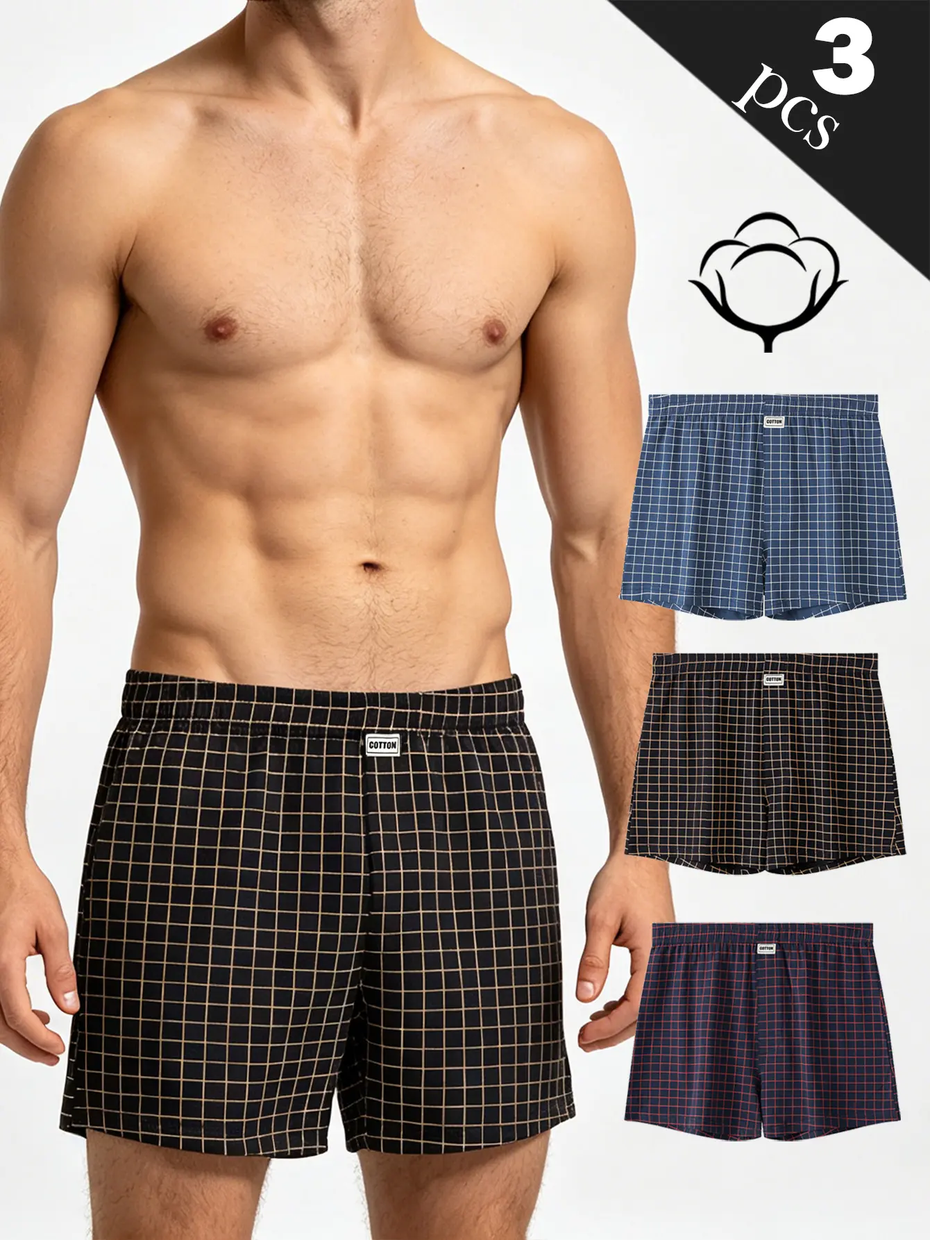 Men's Premium Lightweight Cotton Checked Plaid Boxer Briefs (3-Pack) - Multicolor 1, Athletic Fabric, Soft Material, Elastic Waist, Comfortable for Daily Wear/Office, All-Year-Round Menswear Underwear