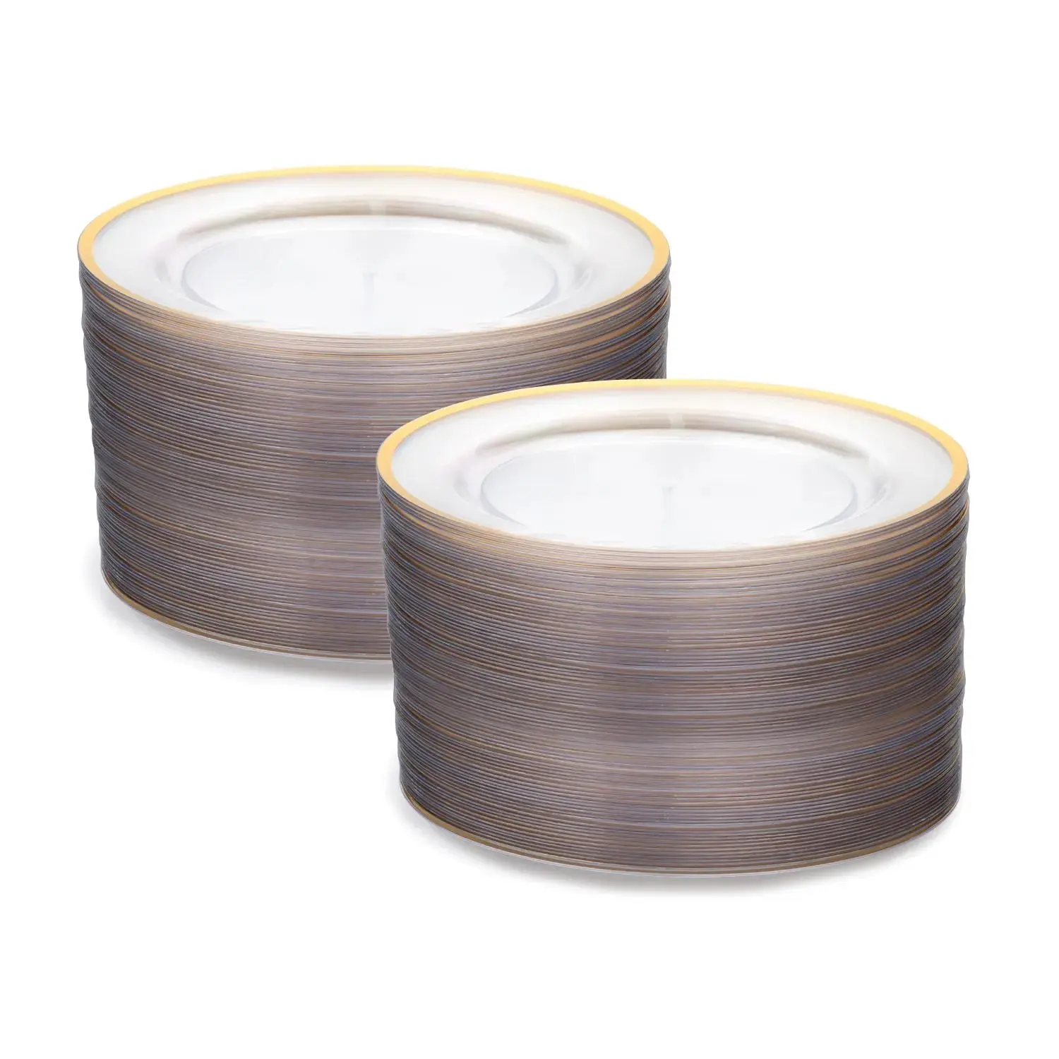 Bulk 200 Pc. Premium Clear Plastic Dinner Plates with Gold Trim Bulk 200 Pc. Premium Clear Plastic Dinner Plates with Gold Trim