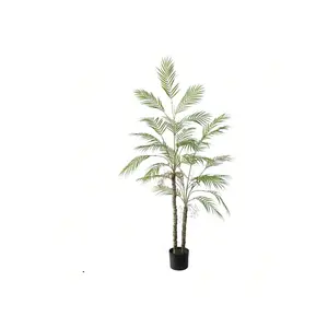 5Ft Tall Triple Fake Palm Tree in Pot Artificial Palm Tree 2 Trunks UV Sun Resistant Tropical Floor Faux Plant for House Indoor Outdoor Office Living Room Bedroom Patio Yard Home Decor 150cm Double Pole Green Decorative Fruit Ornaments