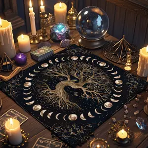 Tree Of Life Pattern Tarot Card Tablecloth, 1 Count Moon Phase Tarot Card Tablecloth, Astrology Ritual Cloth, Decorative Tablecloth for Home Living Room