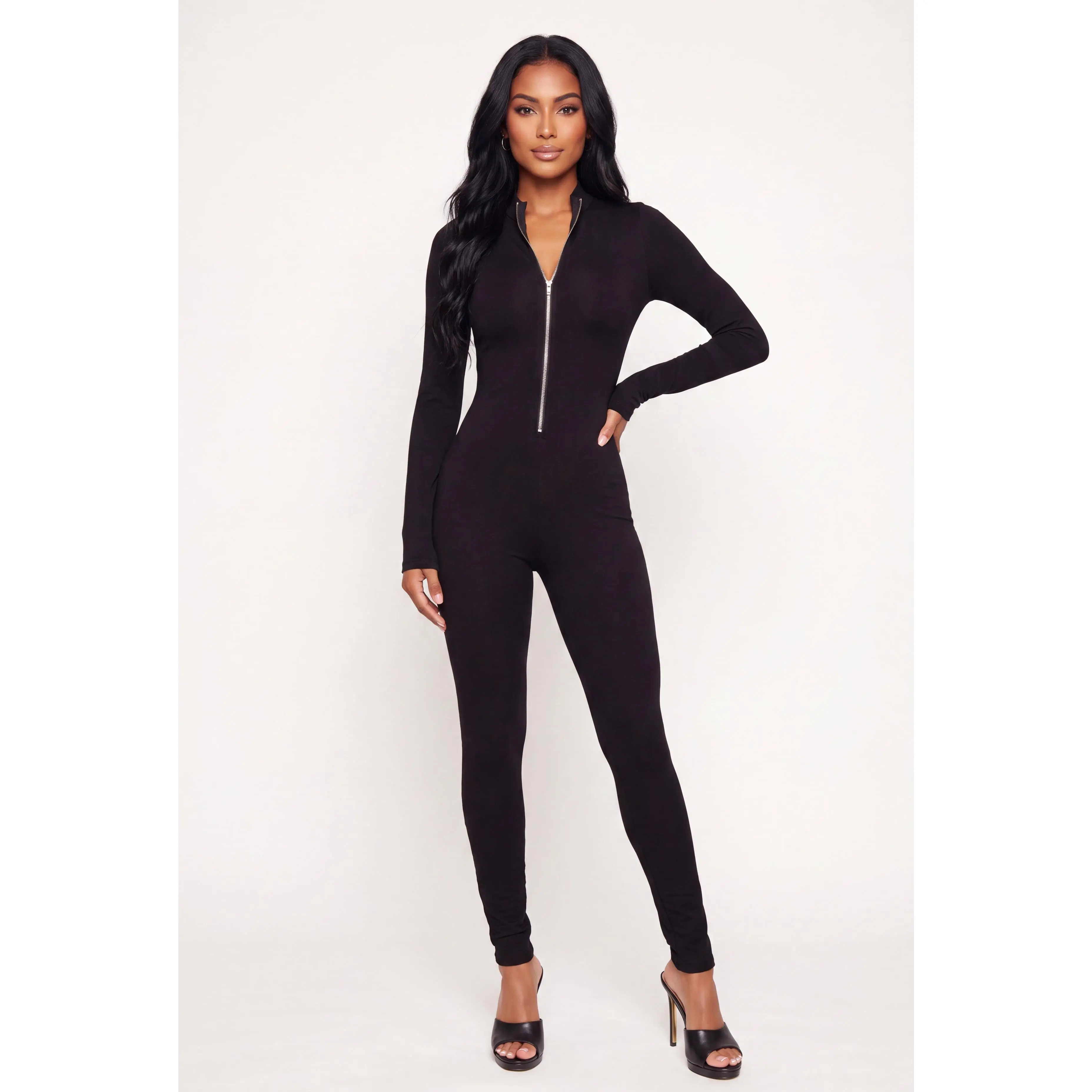 Metallic Zip Front Mock Neck Catsuit