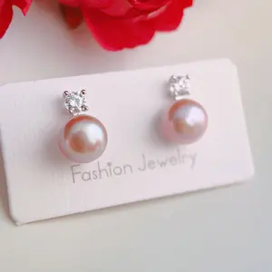 Freshwater Pearl Stud Earrings, Cubic Zircon Sterling Silver Earrings, Handmade Stud Earrings