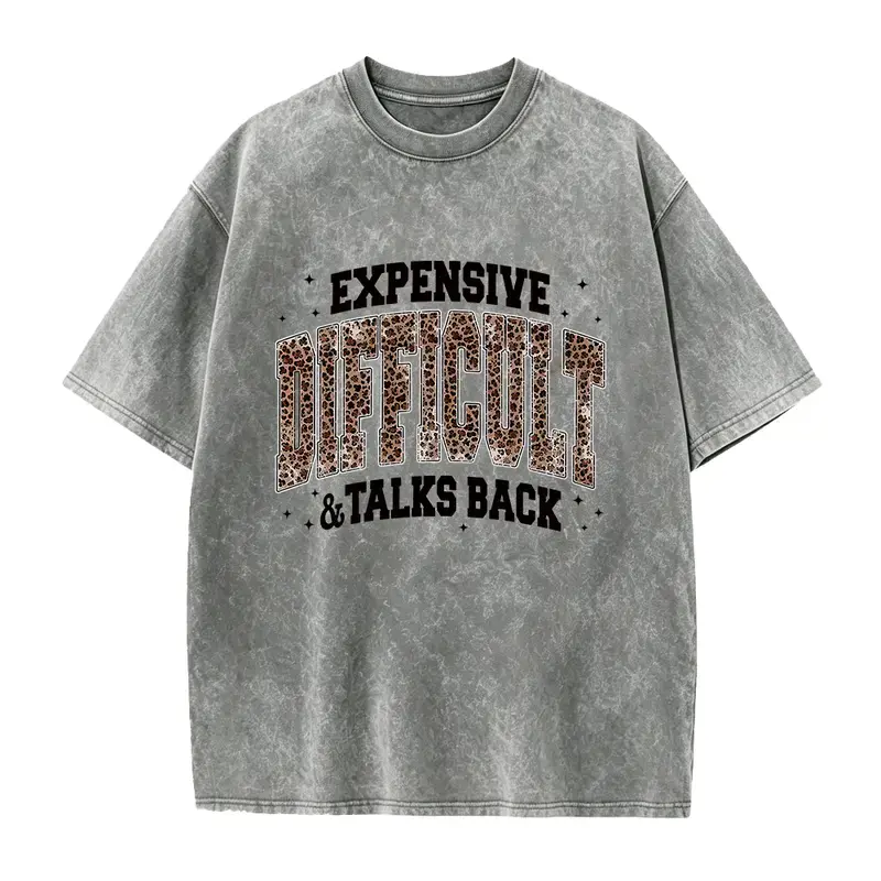 Women's Leopard Print Cotton Short Sleeve Black Washed Tee - Varsity Cowgirl Fit Funny Mom Top with "Expensive, Difficult & Talks Back" Slogan, Casual Black Gift From Husband