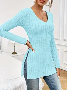 Chic V Neck Long Sleeve Blouse for Women - Side Split Tunic Top, Lightweight Ribbed Knit Fabric, Perfect for Spring/Summer Date Night & Casual Outfits
