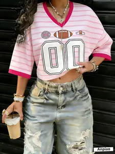 Vintage Rugby Stripe Print Women's Short Jersey, V-Neck Retro Sport Streetwear Top, Loose-Fitting Athletic Shirt