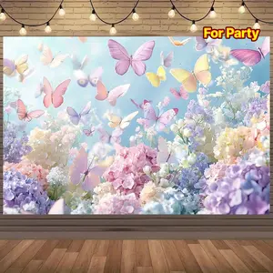 Spring Celebration Pastel Butterflies Backdrop, Vibrant Hydrangea Wildflower Field Polyester Background Fabric, Aesthetic Butterfly Decor for Birthday Party Events, Photo Booth, Party Banner