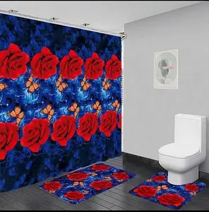 Flower  Print Bathroom Decor Set, 1 Set Including Shower Curtain, Toilet U-Shaped Mat & Rectangular Mat, Bathroom Accessories