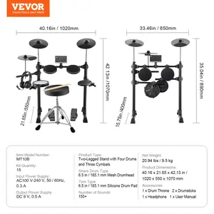 VEVOR Electric Drum Set, 15 Drum Kits 150 Sounds Electronic Drum Kit, USB MIDI Supported 6.5 in Quiet Mesh Snare Electric Drum Set with 10 in Cymbals Drum Sticks Headphone, for Beginners Adults
