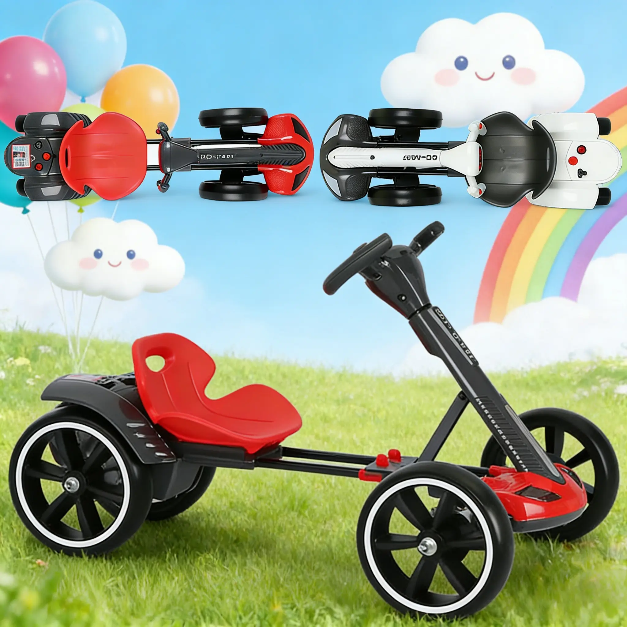 Kids 4-Wheel Slow-Speed Go Kart - Safe Smooth-Ride Toy with Ergonomic Adjustable Seat, EVA Wheels, Foldable Design, Dual-Motor Drive for 4-6 Years, Backyard Play, Children Development