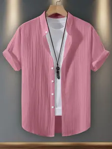 Men's Summer Short Sleeve Shirt, Lightweight Breathable Solid Button Shirt, Stand Collar Design, Ideal for Beach Vacation, Pool Party, Casual Wear