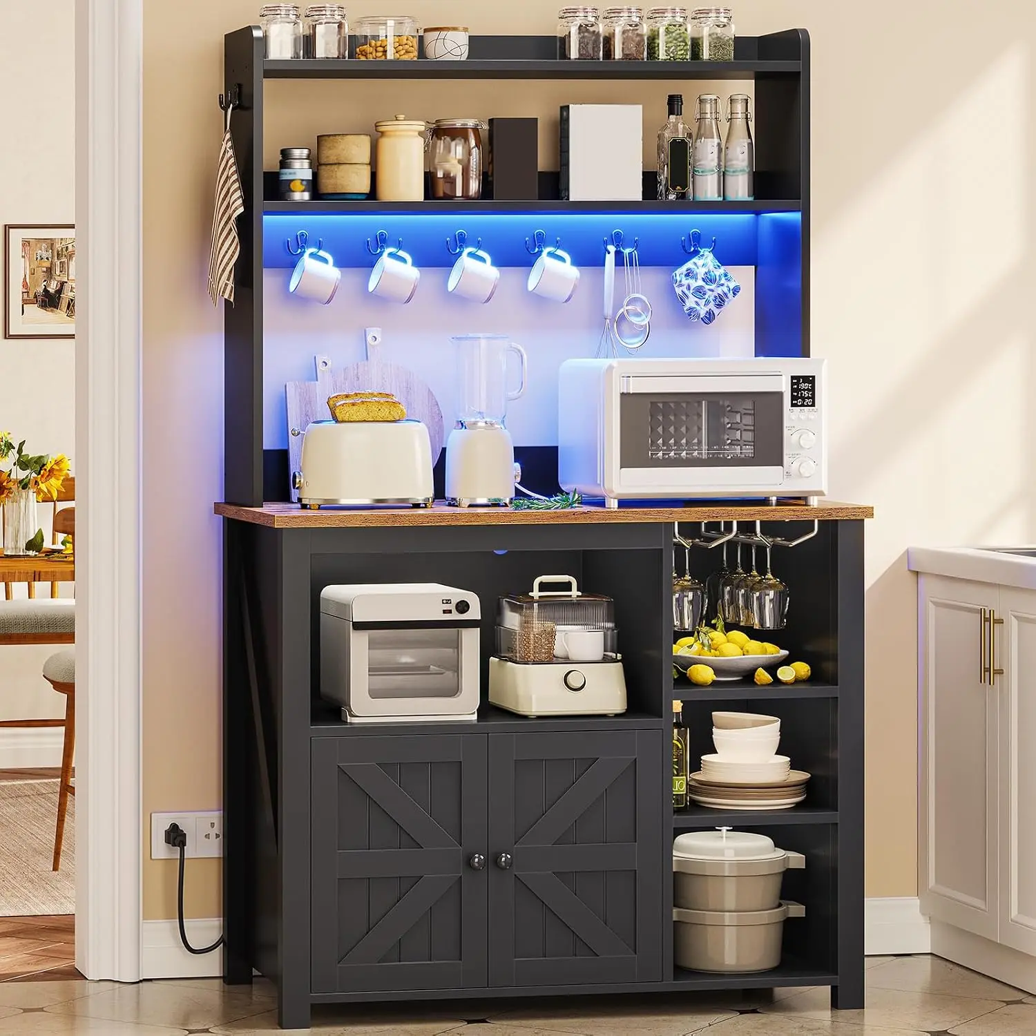 Sikaic 35.4" Coffee Bar Cabinet with Storage & Power Outlet, Farmhouse Kitchen Cabinet with Hutch, LED Lights, Wine Glass Rack, 8 Hooks and Microwave Stand, Black