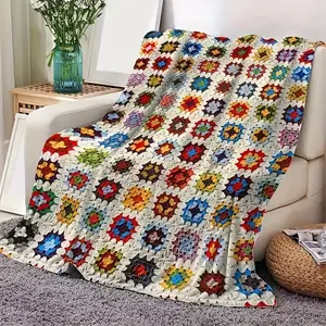 Cozy Vintage Patchwork Flannel Blanket – Colorful Geometric Design for Sofa Bed Car Camping – All-Season Gift