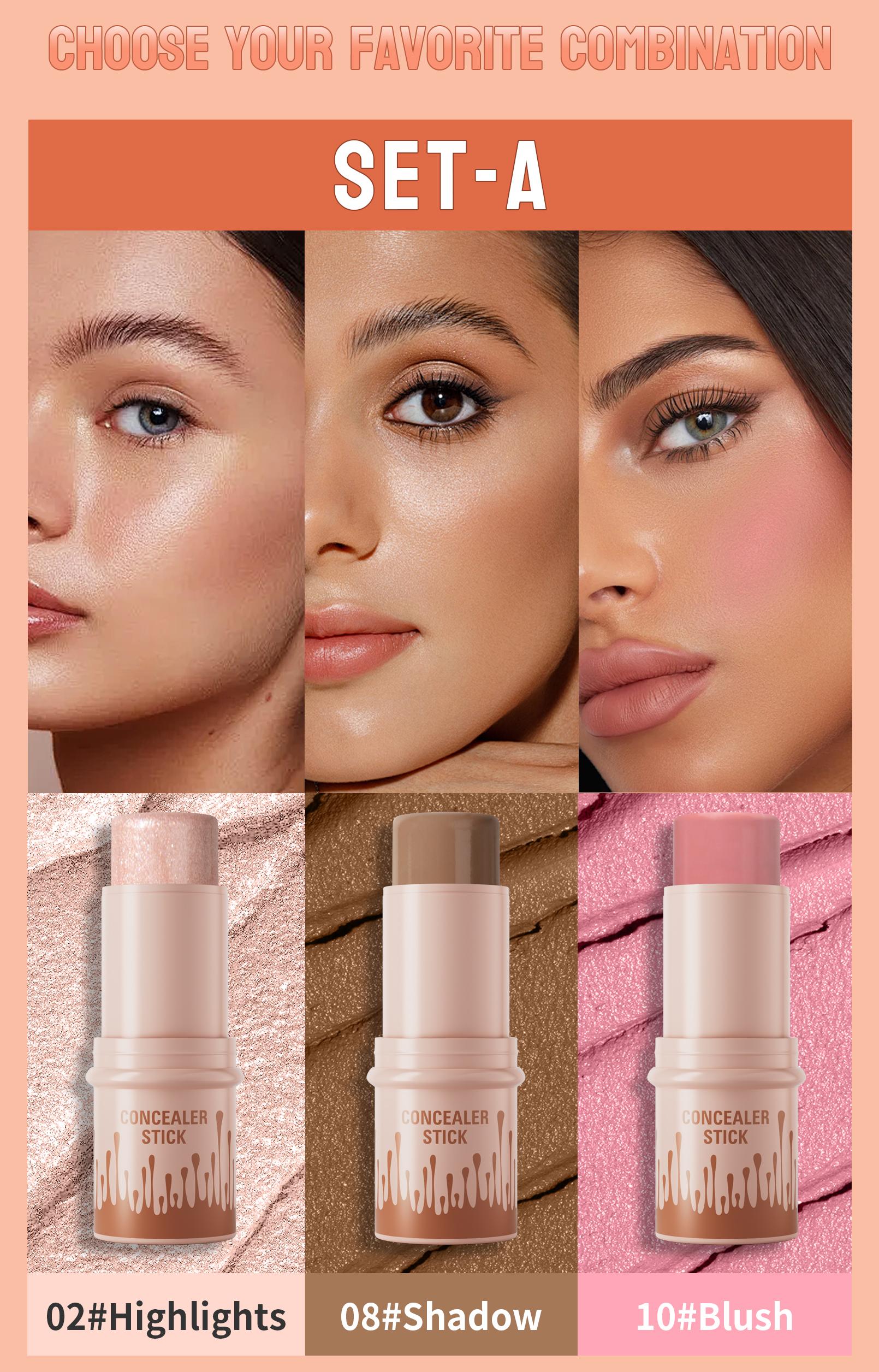 HelloKiss 3-Piece Contour Stick Set Highlight Contour Blush Stick Cream Blush for All Skin Tones Makeup Cosmetic Long-Lasting Transfer-Proof Buildable Formula - Blend, Brush HelloKiss 3-Piece Contour Stick Set Highlight Contour Blush Stick Cream Blush for All Skin Tones Makeup Cosmetic Long-Lasting Transfer-Proof Buildable Formula - Blend, Brush