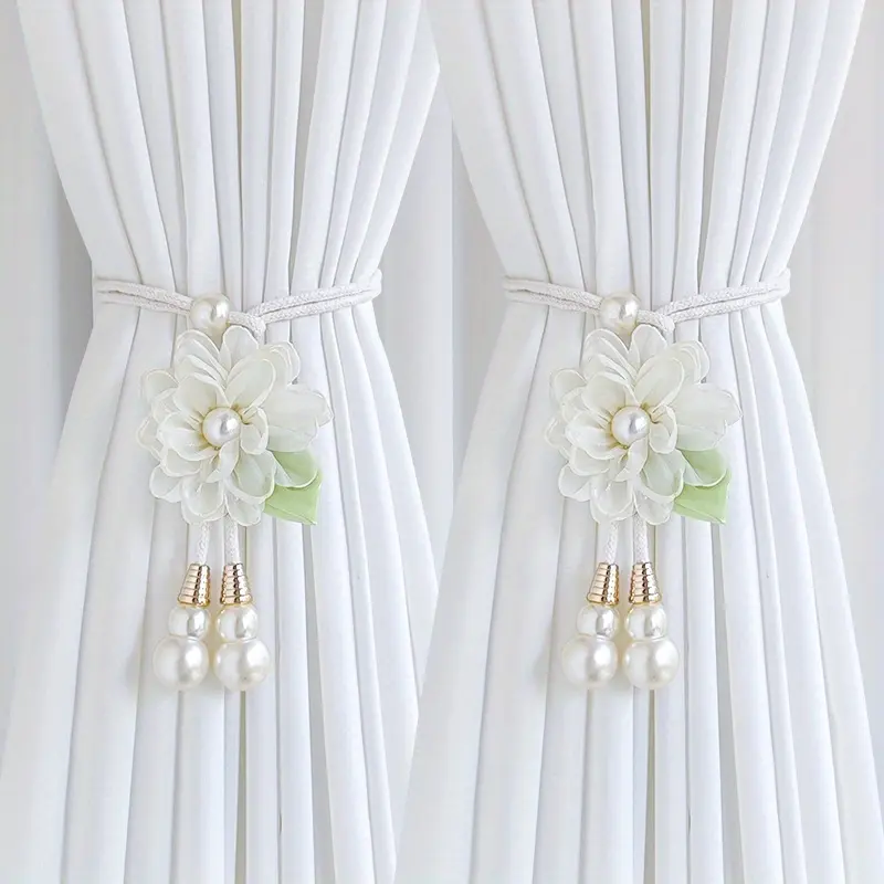 Set of 2 Elegant Pearl Flower Curtain Tie-backs – Adjustable Design, Garden-Style Home Decor & Curtain Accessories, Home Decoration Curtain, Window Curtain