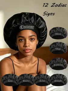 1PC 12 Constellations Zodiac Print Sleep Cap for Women, Satin Soft Smooth Night Hair Bonnet, Elastic Breathable Sleeping Bonnet, Cute Astrology Bedroom Headgear Daily Wear