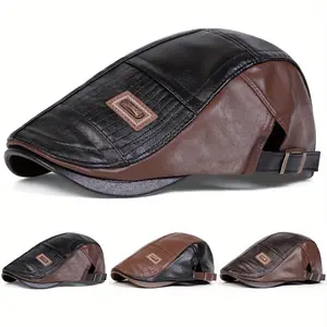 Unisex Pu Leather Beret Outdoor Sport Adjustable Sunscreen Leisure Hat Spring Autumn Travel Tourism Beach Vacation