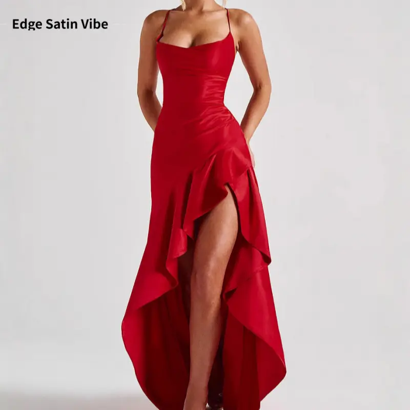 Women's Formal Spaghetti Strap Summer Dress - Ruffled Bodice, Backless Cut, Asymmetrical High-Low Hem