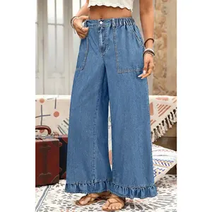 Ashleigh Blue Plus Size Elastic Waist Ruffled Wide Leg Denim Pants
