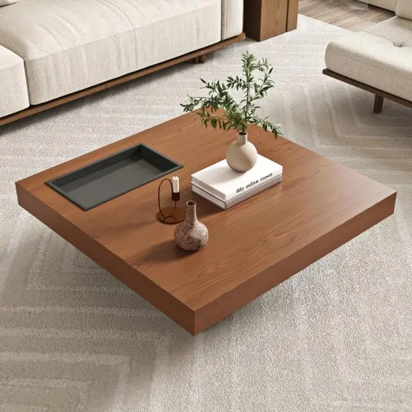 35.43" Square Floating Walnut Coffee Table, Minimalist Cocktail Table w/ Recessed Storage Tray & Black Carbon Steel Legs for Living Room Home Office