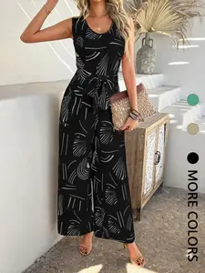 Women's All Over Print  Tie Front Jumpsuit, Casual Sleeveless Wide Leg Jumpsuit for Summer, Women's Jumpsuit for Beach Holiday, Casual Jumpsuits, Womenswear