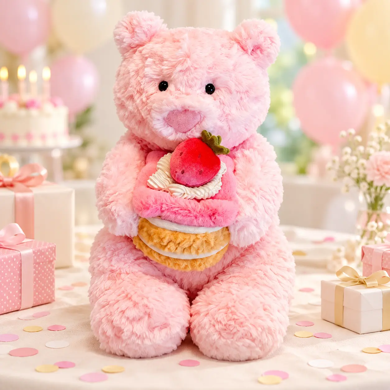 Jellycat Pink Teddy Bear Plush with Strawberry Cake, Cute Stuffed Animal, Birthday Gift for Plush Lovers