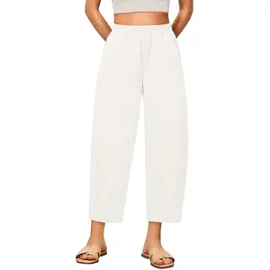 GRAPENT Women's High Waisted Wide Leg Pants Stretch Twill Fabric Elastic Waist Pull On Cropped Barrel Trousers with Pockets Comfortable Fit True to Size