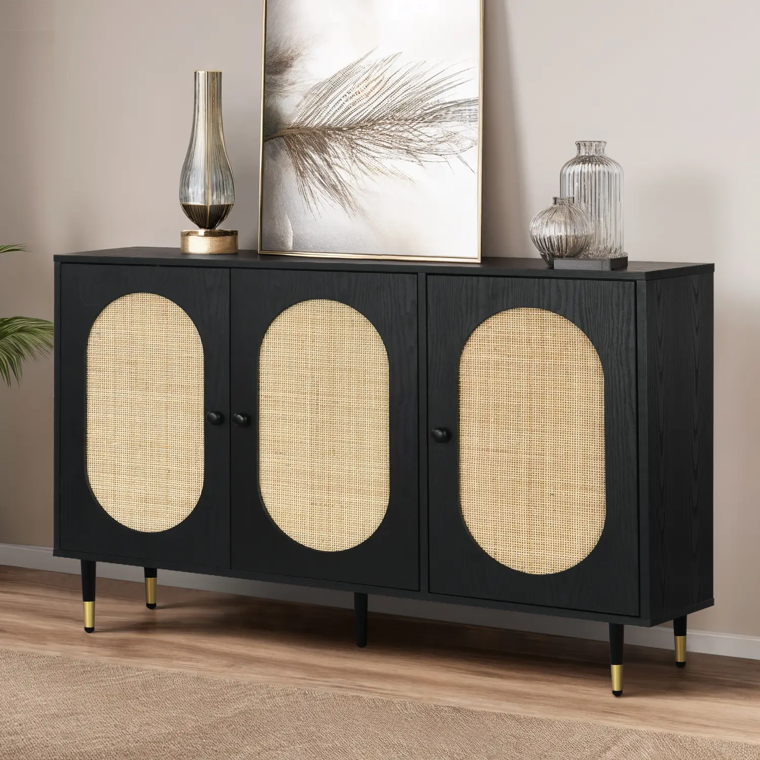 HOMBCK Sideboard Buffet Cabinet, Rattan 3 Doors Buffet Cabinet with Storage, 47'' Storage, Adjustable Shelf for Kitchen, Dining Living Room