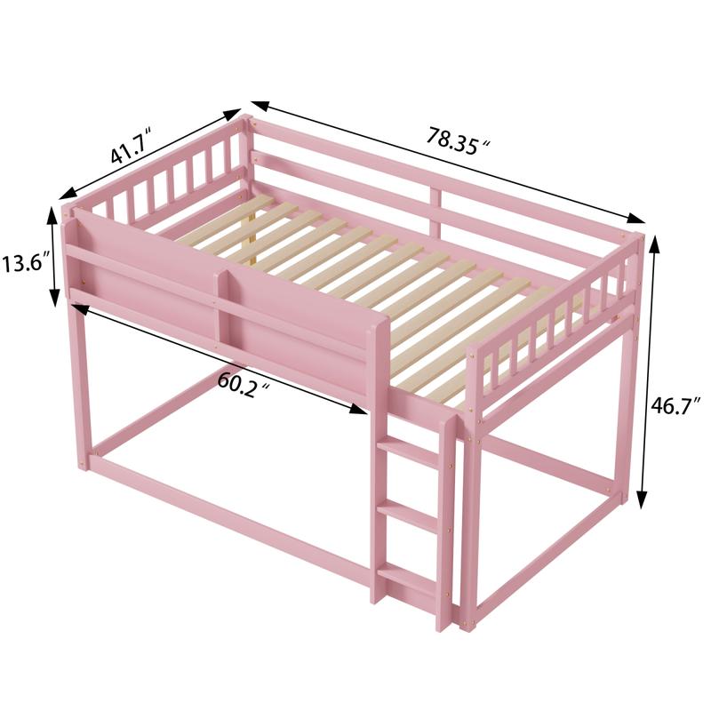 Twin Over Twin Low Bunk Bed, Floor Bunk Bed with Ladder, Solid Wood Twin Bunk Bed