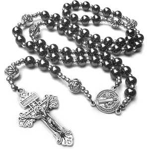 Hematite rosary beads catholic for men,Rosary Necklace for men and women with medal & cross,Rosary black stone beads with stainless steel beads and St.Benedict metal beads.