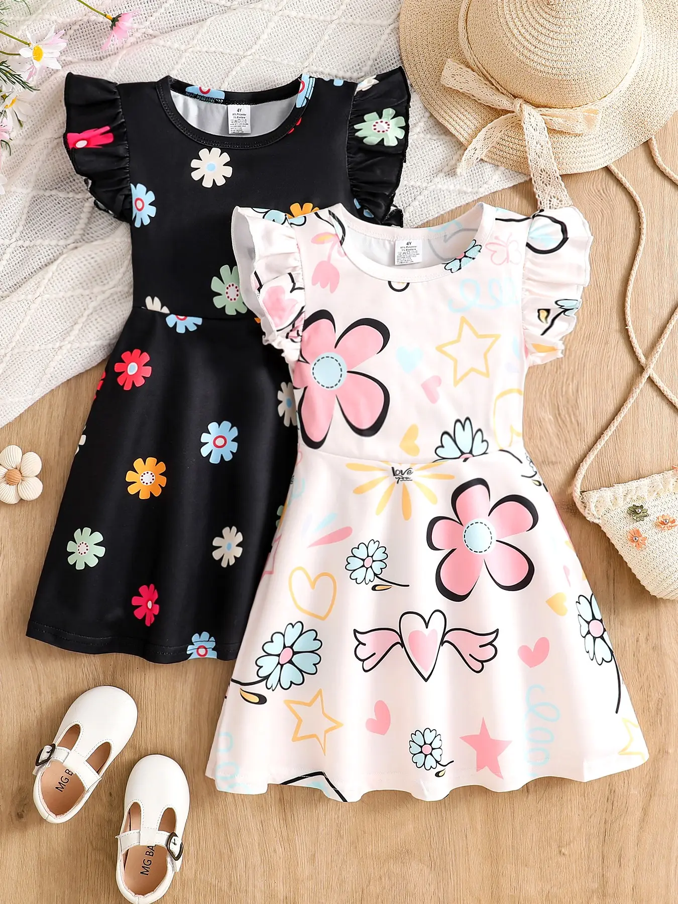 2 Pcs Girls' Summer Cute Minimalist Casual Crew Neck Ruffled Sleeveless Floral Print High-Waisted A-Line Pleated Dresses - White + Black 2-Pack Heart Print Dress Ditsy Floral Dress Dresses For Summer