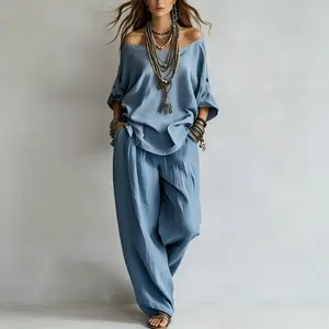 Women's Summer Loose Off-Shoulder 2-Piece Womenswear Set, Paired with Wide-Leg Pants, Relaxed and Stylish
