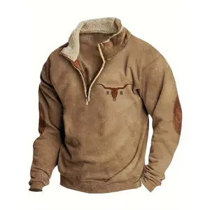2025 Men'S Western Fleece Jacket Cowboy Bull Head Print Pullover 1/4 Zip Stand Collar Long Sleeve Sweatshirts Menswear Coats