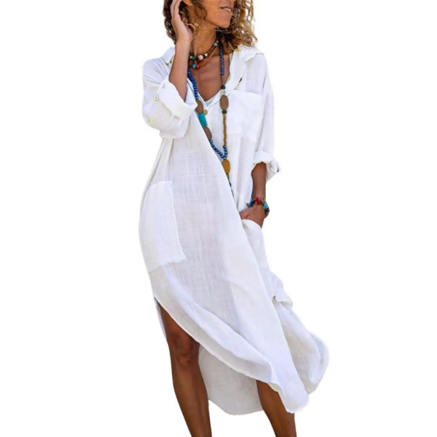 utcoco Womens Casual Loose Long Shirt Dress Side Split Dresses with Pockets  Side Slit Design Long Sleeve