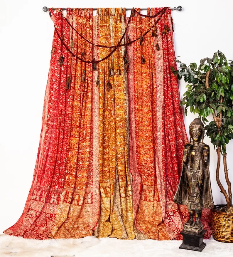 sari Curtains, Light-filtering Boho style Sunrise Collection Bohemian Curtains Earth Tones Saffron Marigold for Bedroom Living Dining room
