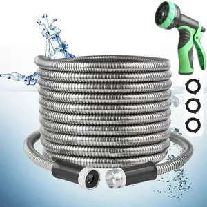 Garden Hose 100ft, Heavy Duty Stainless Steel Water Hose with 10 Functional Nozzles, No Kink, Lightweight and Flexible, Easy to Use and Store, Strong and Sturdy, Suitable for Yard and Lawn