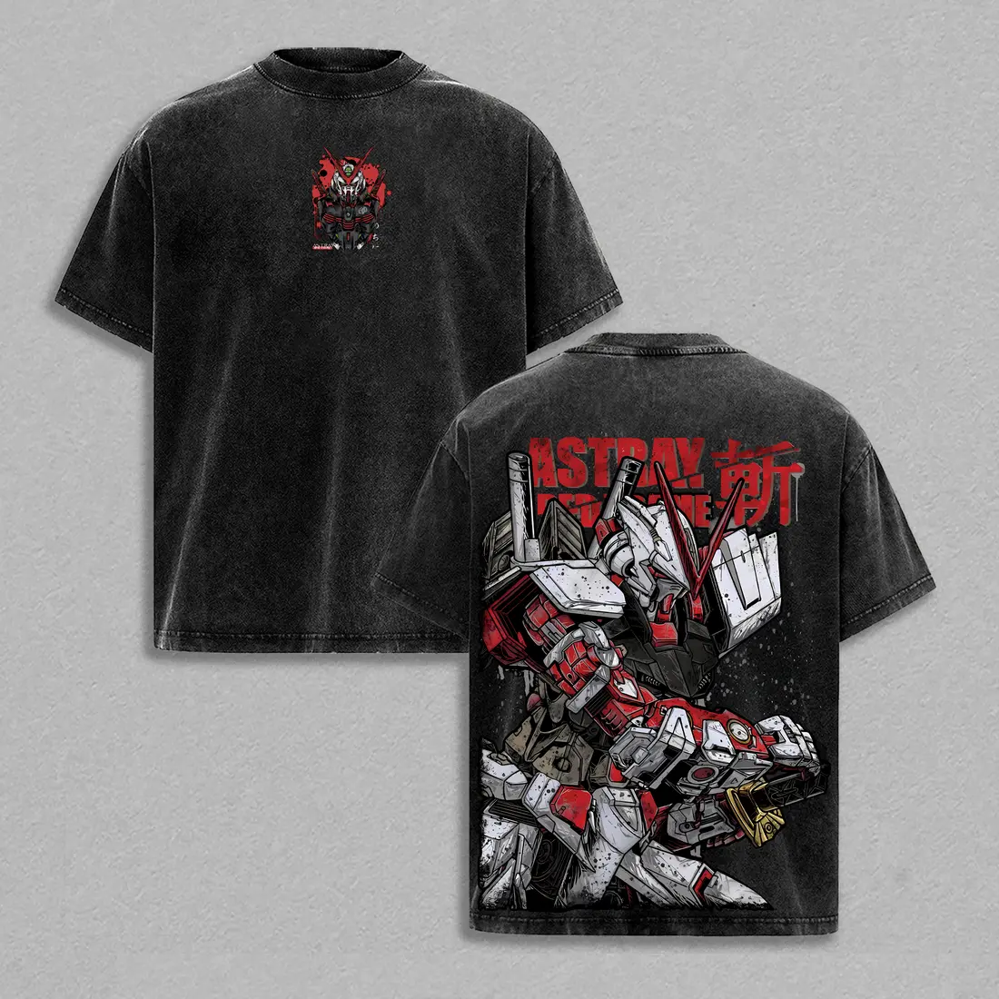 Gundam Astray Red Frame Washed T-Shirt, Mecha Robot Anime Graphic Tee, Front and Back Print, Vintage Oversized Streetwear Cotton Shirt, Unisex Gift
