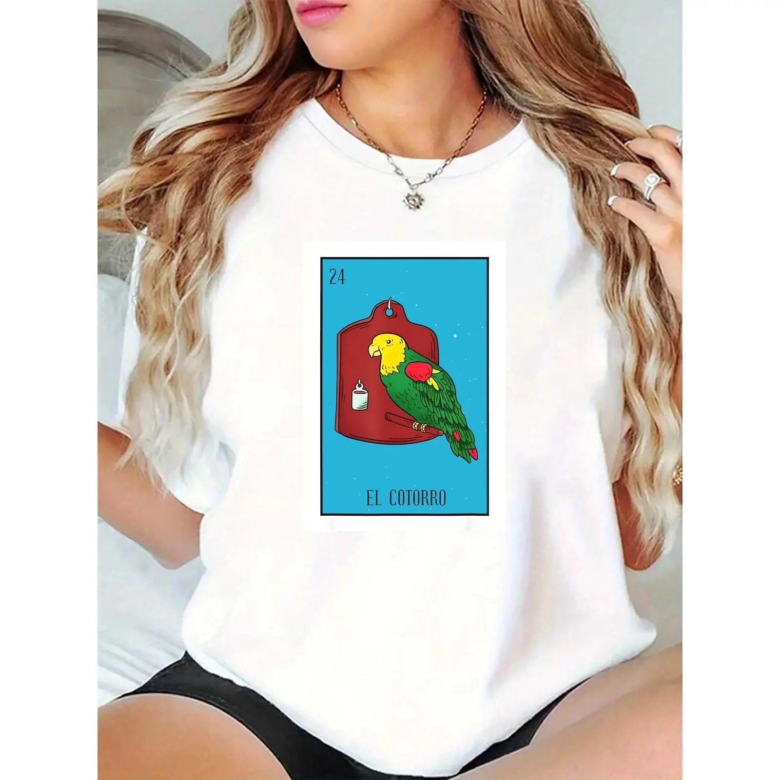 Women's El Cotorro Parrot Loteria Graphic T-Shirt - Casual White Tee for Fiesta, Cinco de Mayo, or Daily Wear, Colorful Bird Design, Comfortable Cotton Top