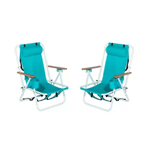 camp chair camping chair Folding Beach Chair Set of 2 for Adults, 4 Position Portable Backpack Foldable Camping Chair with Headrest Cup Holder and Wooden Armrests, Green