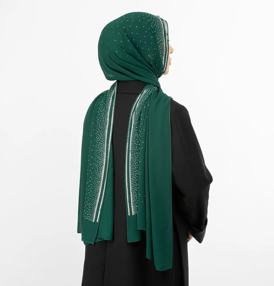 Solid Sheer Chiffon with Rhinestone Shawl Hijab - Green